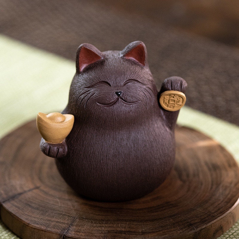 Gohobi Handmade cat ornaments Tea pets ceramic YiXing clay Chinese Gongfu tea Kung fu tea Japanese Chado unique ornaments