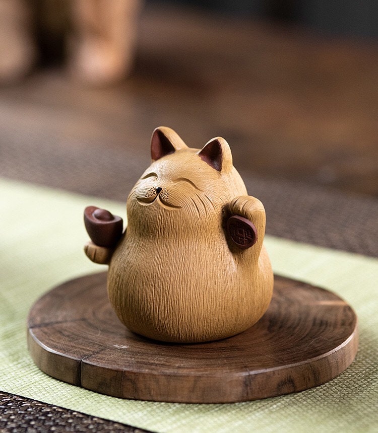 Gohobi Handmade cat ornaments Tea pets ceramic YiXing clay Chinese Gongfu tea Kung fu tea Japanese Chado unique ornaments