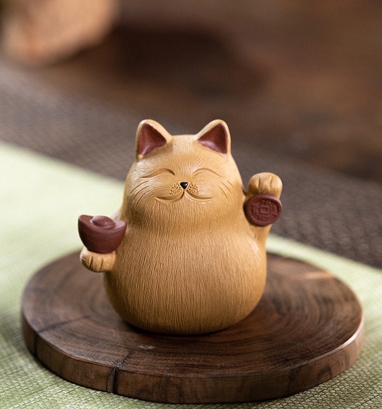 Gohobi Handmade cat ornaments Tea pets ceramic YiXing clay Chinese Gongfu tea Kung fu tea Japanese Chado unique ornaments